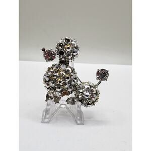 Vintage Rhinestone Poodle Brooch Silver Tone Figural Pin 2.25 Inch As Is